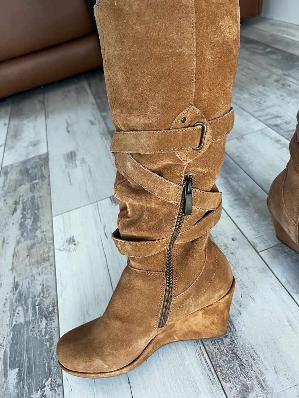 Bjorndal Tan Suede Wedge Knee Boots with Wrap Strap